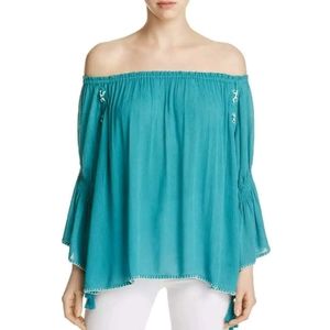 JACHS Girlfriend M Teal Blue Off Shoulder Bell Sleeves Pheasant Blouse Top Shirt
